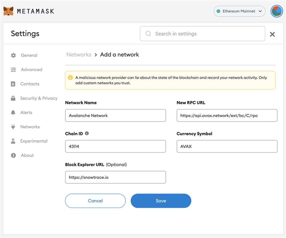 Step 3: Connect Metamask to Avalanche Network